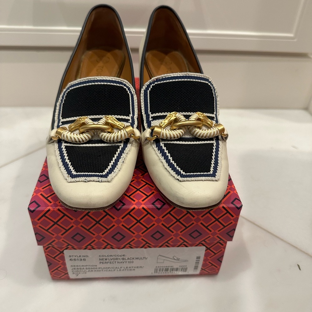 Tory Burch Black and White Heels with Gold Accents